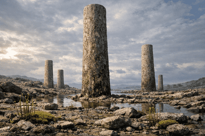 40 करोड़ साल पहले धरती पर मौजूद 26 फुट लंबे 'प्रोटोटैक्साइट्स' (Prototaxites) का चित्रण, जिनके नीचे सेंटीमीटर-आकार के छोटे पौधे हैं।