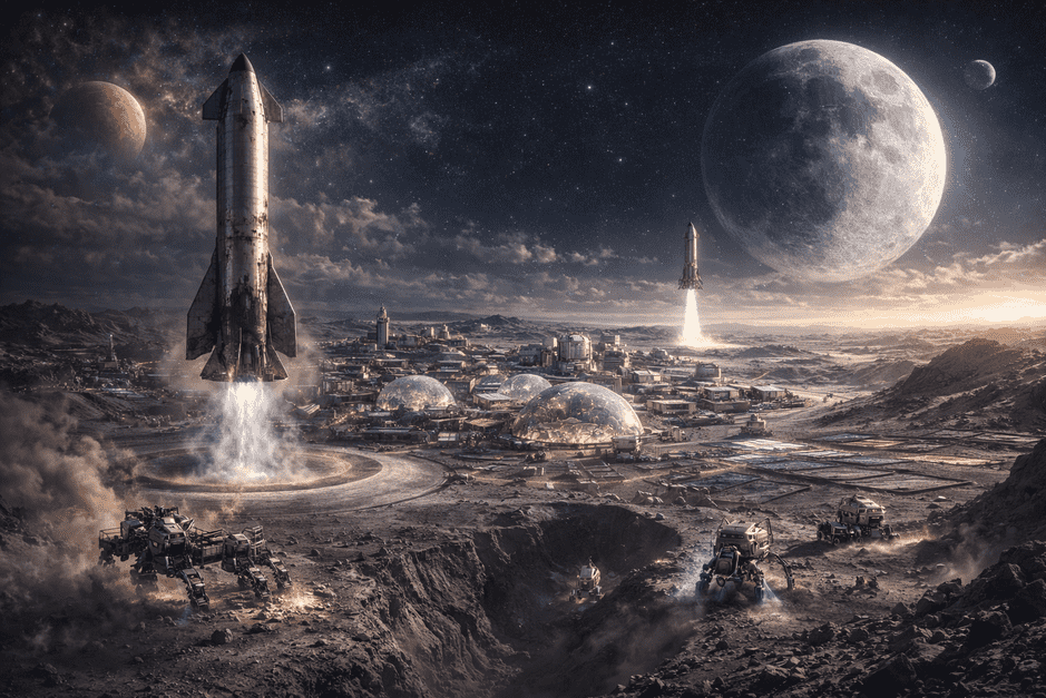 चंद्रमा की सतह पर माइक्रोवेव सइंटरिंग तकनीक (microwave sintering) से लैंडिंग पैड बनाते ऑटोनॉमस रोबोट्स और स्पेसएक्स स्टारशिप।