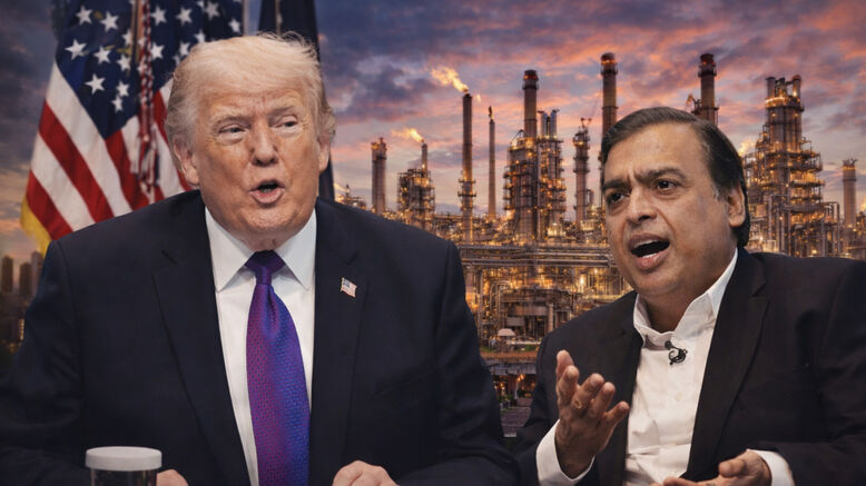 अमेरिका के टेक्सास में ऑयल रिफाइनरी का मॉडल और डोनाल्ड ट्रम्प व मुकेश अंबानी की तस्वीर।