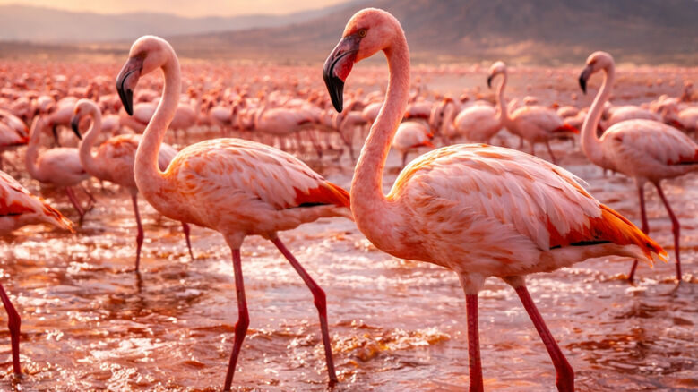 तंजानिया की लाल Lake Natron के क्षारीय पानी के बीच नमक के सफेद टीलों पर अपने नवजात बच्चों को पालते हुए लेसर फ्लेमिंगो (राजहंस) की तस्वीर।