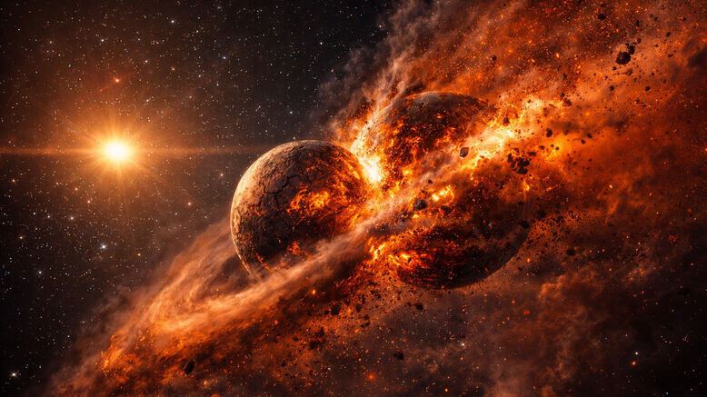 अंतरिक्ष में एक तारे के पास दो ग्रहों की संभावित टक्कर से उड़ती हुई गर्म धूल