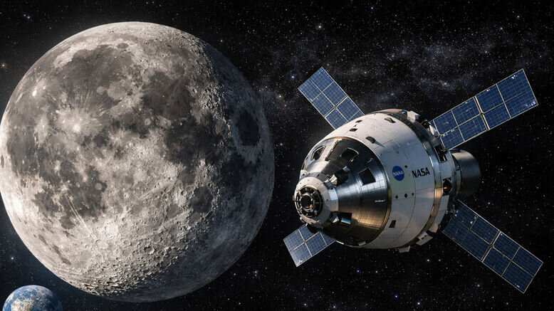 NASA Artemis II mission mein Orion spacecraft aur Moon ka illustration NASA