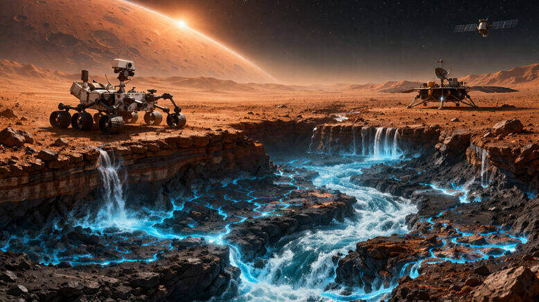 मंगल ग्रह की सतह के नीचे बहने वाली प्राचीन नदी और जल प्रणाली का रडार चित्रण