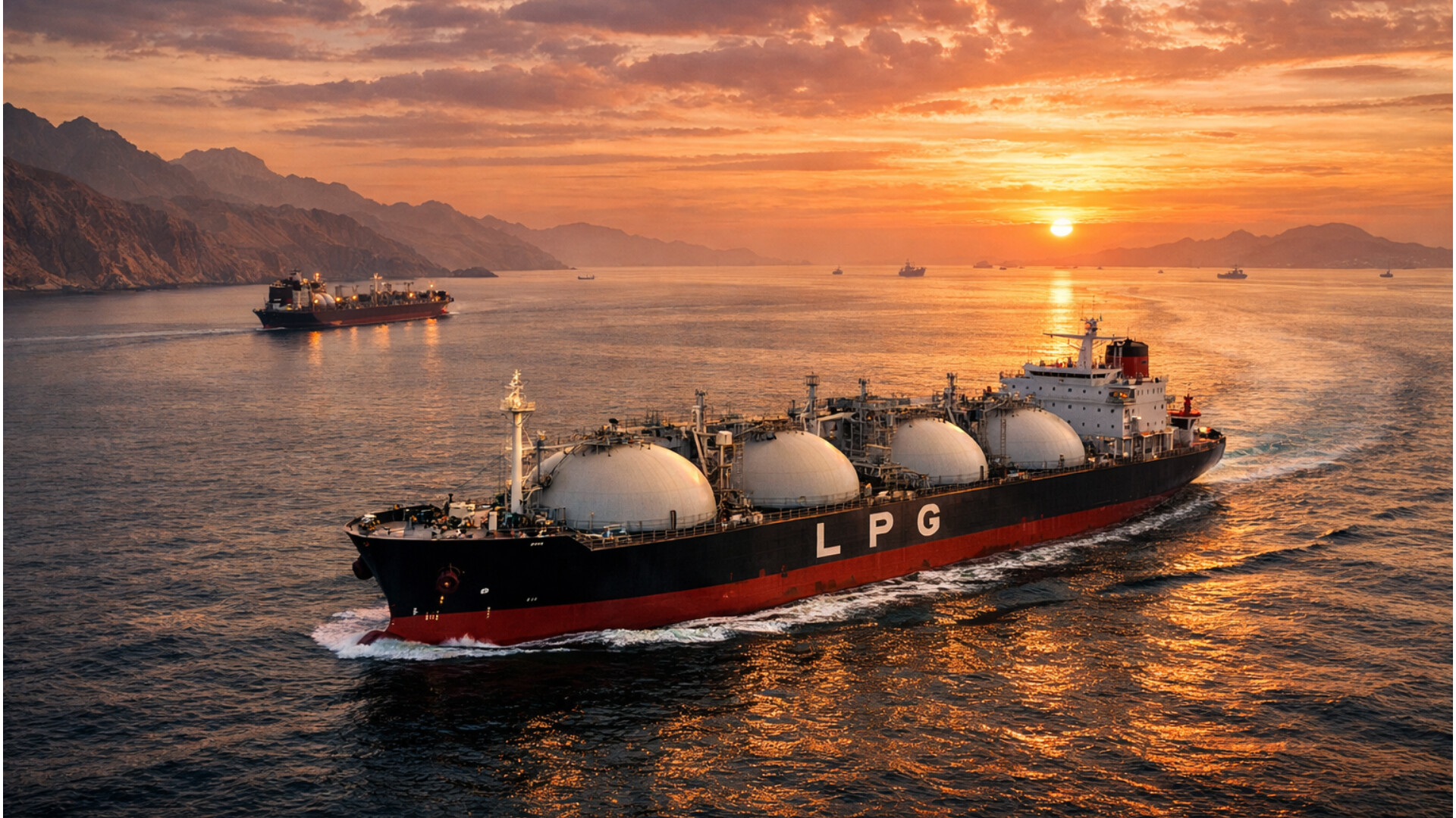 खाड़ी क्षेत्र के तनावपूर्ण समुद्री रास्ते से गुजरता एक विशाल गैस टैंकर।